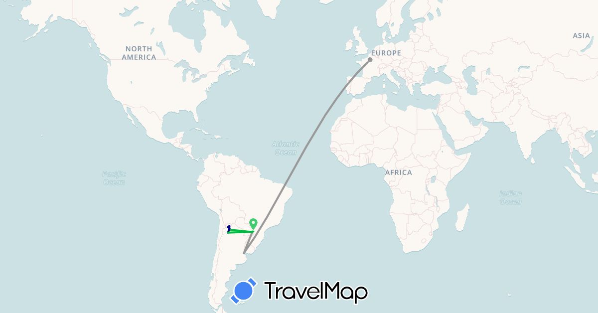 TravelMap itinerary: driving, bus, plane in Argentina, France (Europe, South America)